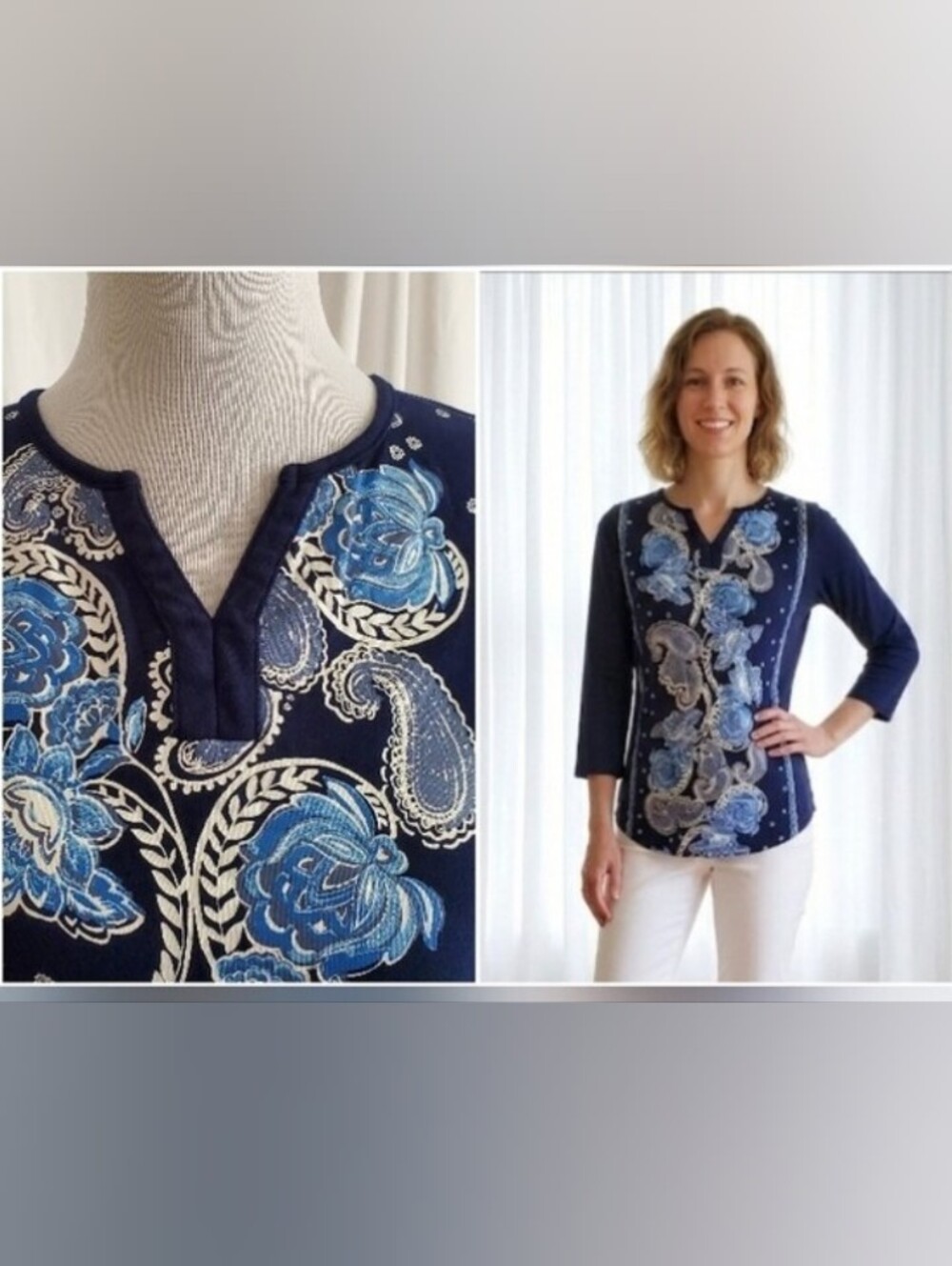 KIM ROGERS V-Neck Top With Paisley and Floral Print 100% Cotton